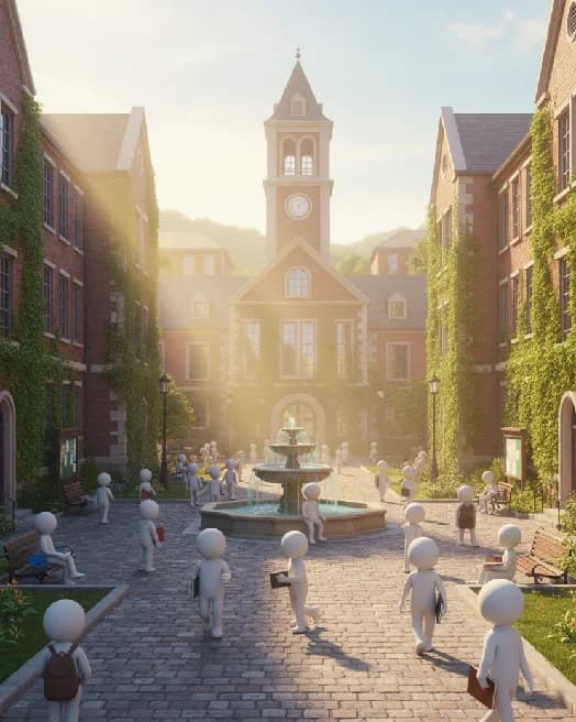 Students meeting in a sunlit university courtyard, illustrated in the SRVZr style