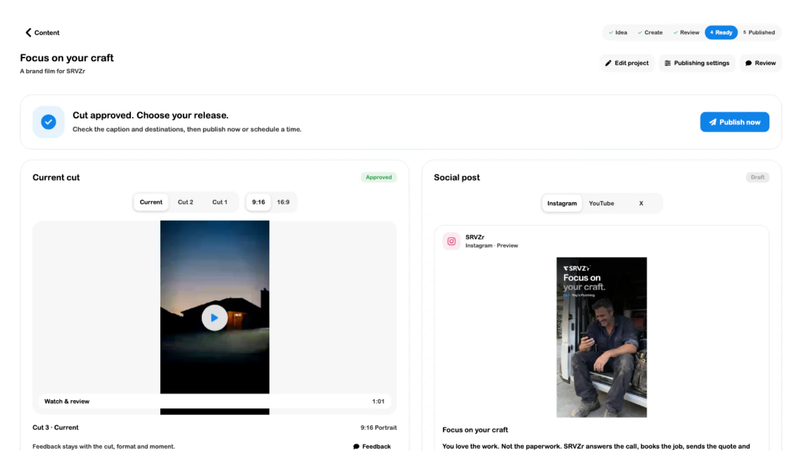 SRVZr content project with video cuts, review controls, and a social post preview