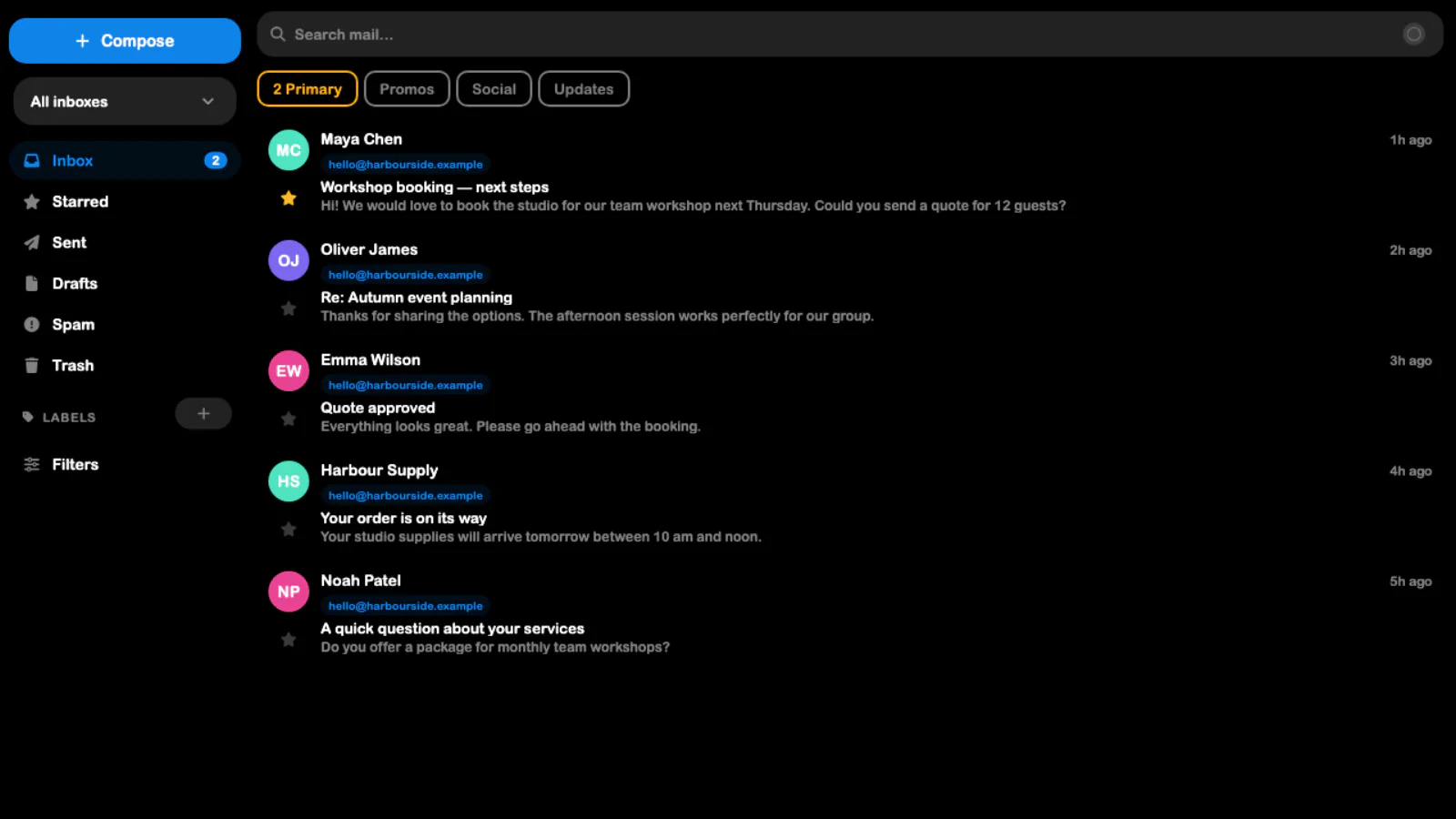 SRVZr business inbox showing customer booking emails, folders, and message details