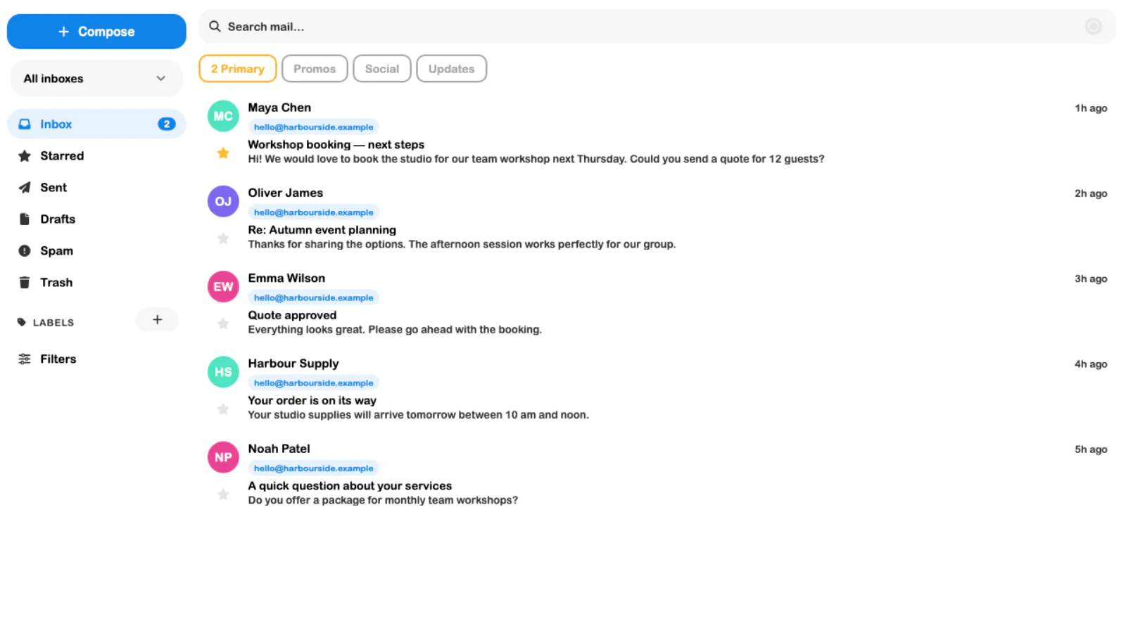 SRVZr business inbox showing customer booking emails, folders, and message details