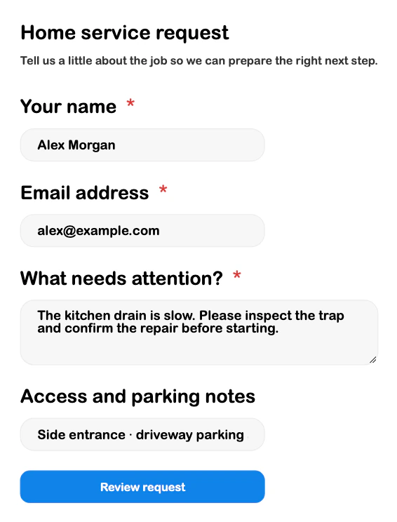 SRVZr service intake form with a customer's request, email, and access notes