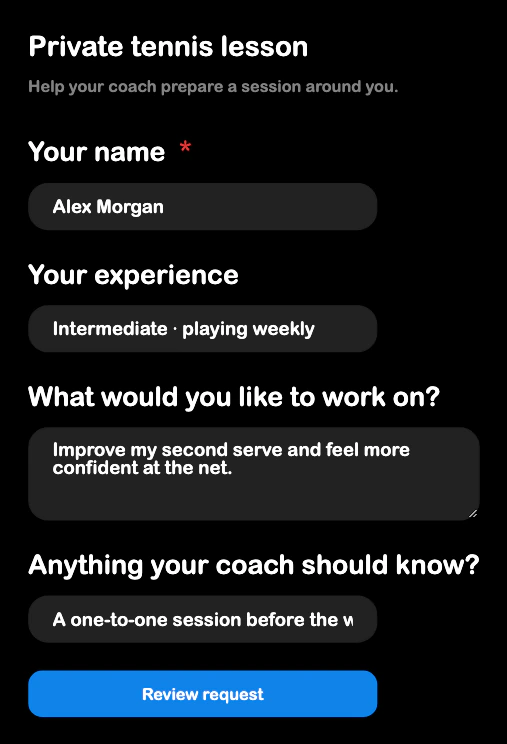 SRVZr lesson booking form showing a tennis student's experience, goals, and coaching notes