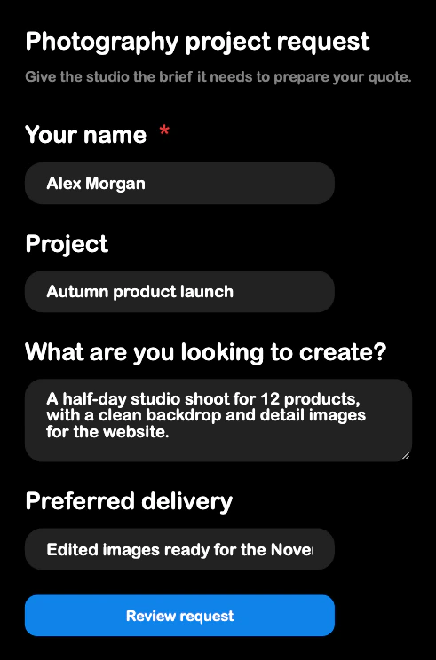 SRVZr photography project intake form with a product-shoot brief and delivery requirements