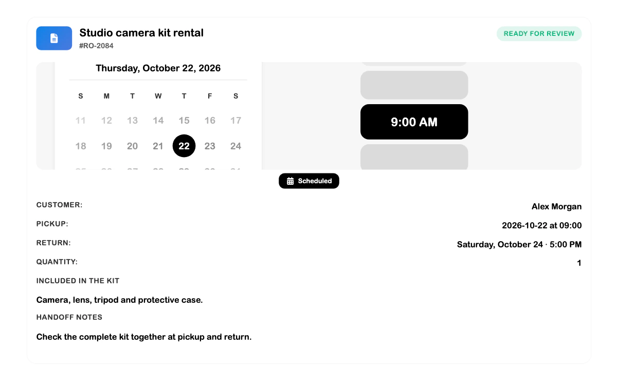 SRVZr rental work order showing camera-kit pickup, return, quantity, included equipment, and handoff notes