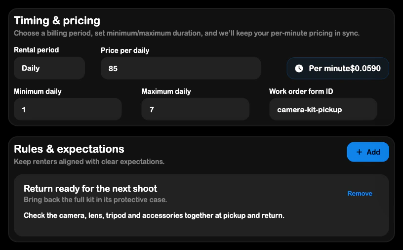 SRVZr rental setup with daily pricing, minimum and maximum duration, and return rules