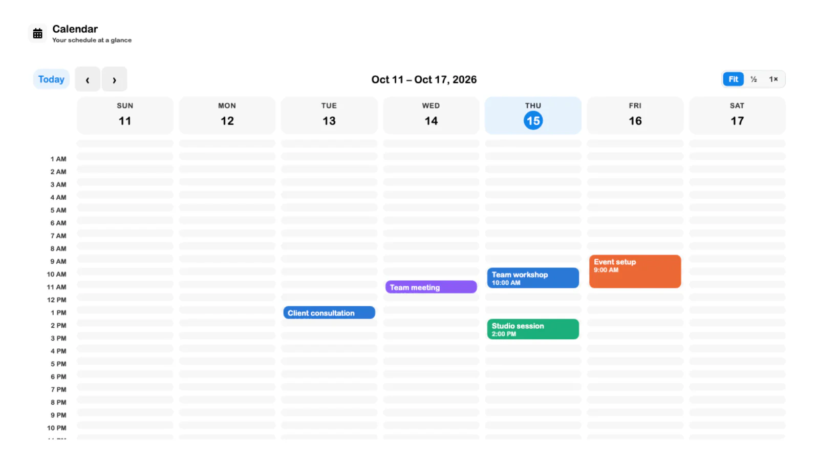 SRVZr weekly calendar with workshops, studio sessions, an event setup, and a team meeting