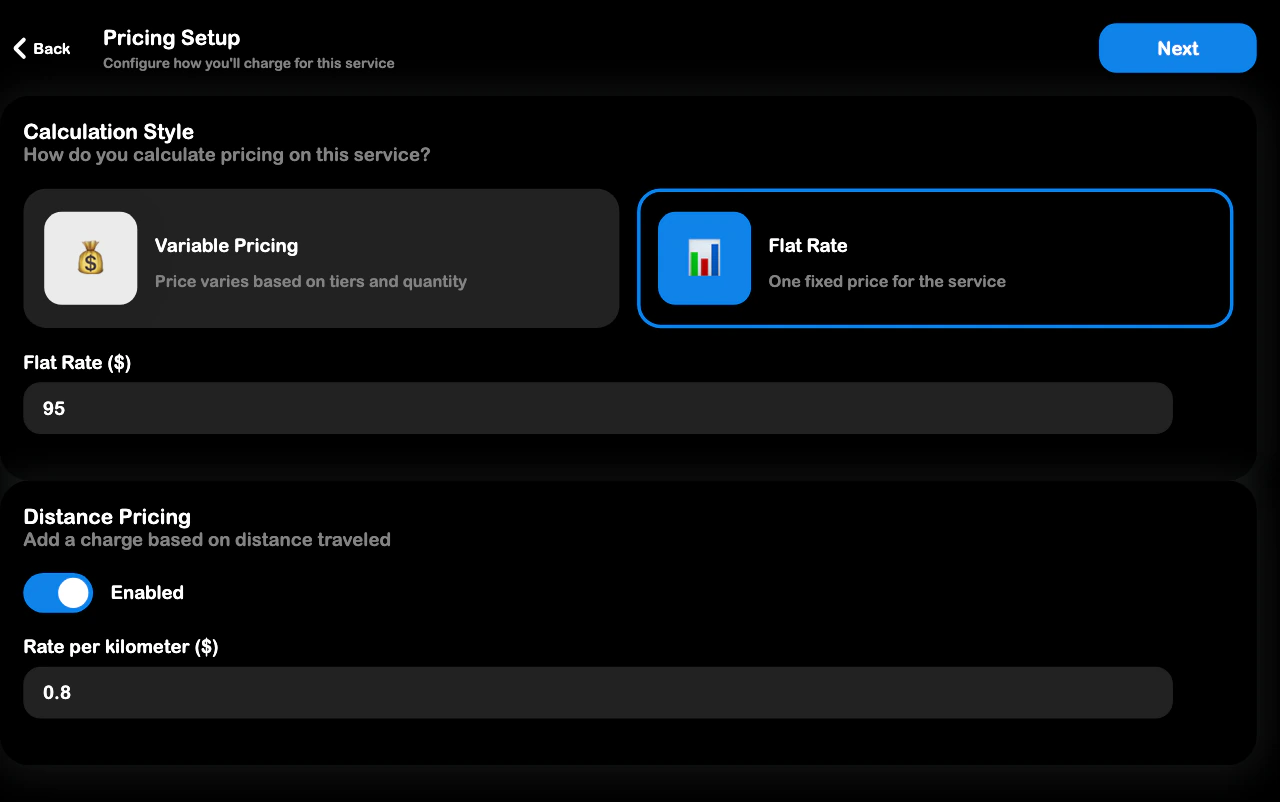 SRVZr service pricing setup with fixed-rate and distance-pricing controls