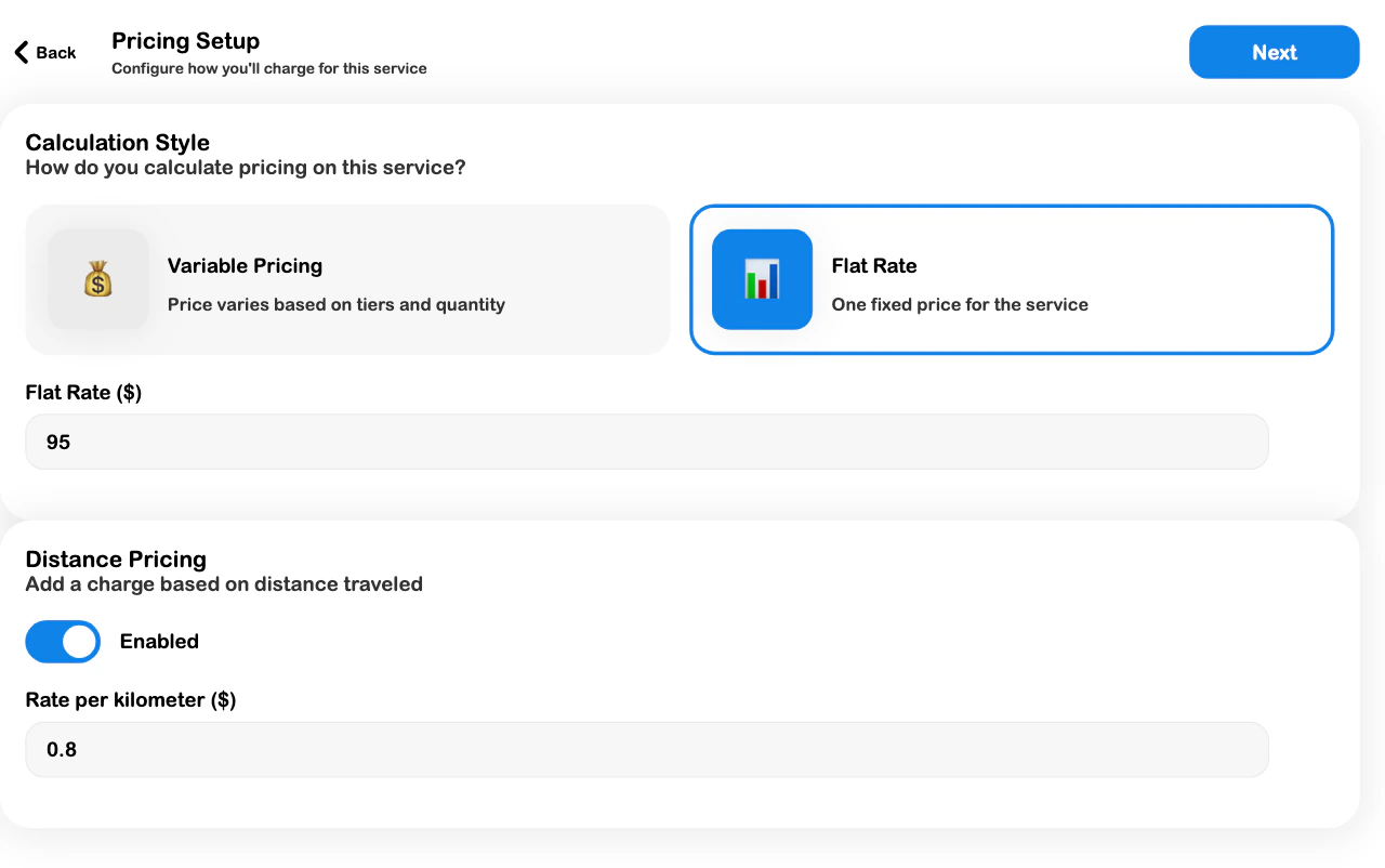 SRVZr service pricing setup with fixed-rate and distance-pricing controls