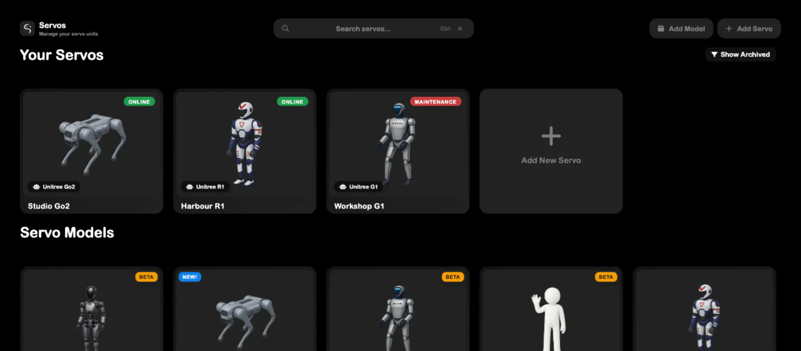 SRVZr Servos workspace showing robot units, model cards, and connection status