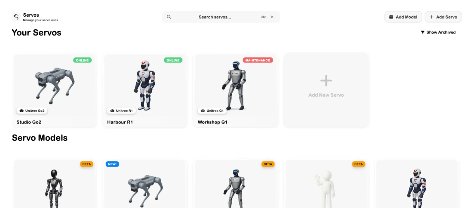 SRVZr Servos workspace showing robot units, model cards, and connection status