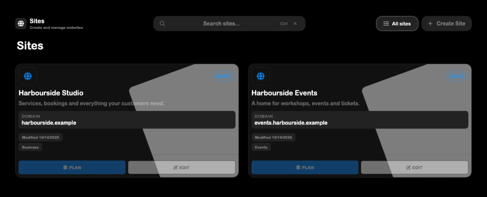 SRVZr Sites workspace with studio and event website projects, domains, and draft status