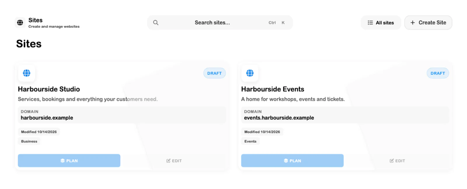 SRVZr Sites workspace with studio and event website projects, domains, and draft status
