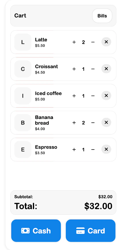 SRVZr Terminal cart showing café items, quantities, a sample total, and cash and card controls
