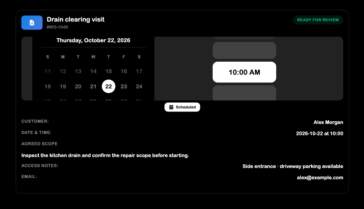 SRVZr work order showing a drain-clearing visit, appointment time, customer, scope, and access notes
