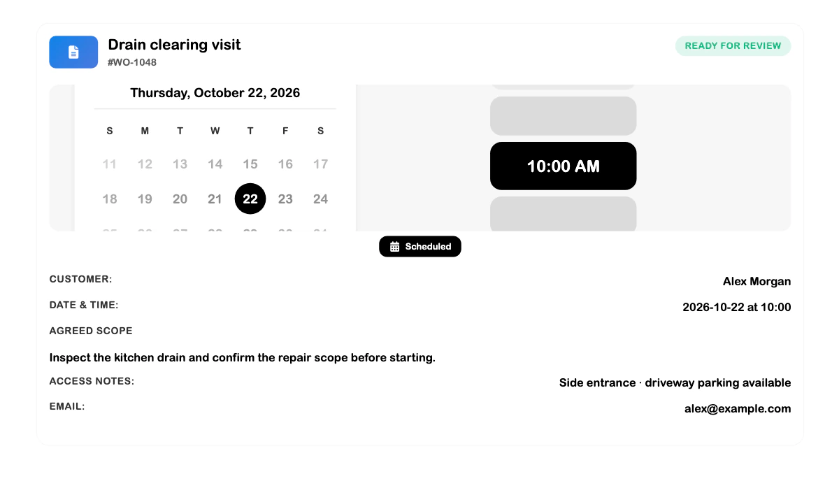 SRVZr work order showing a drain-clearing visit, appointment time, customer, scope, and access notes