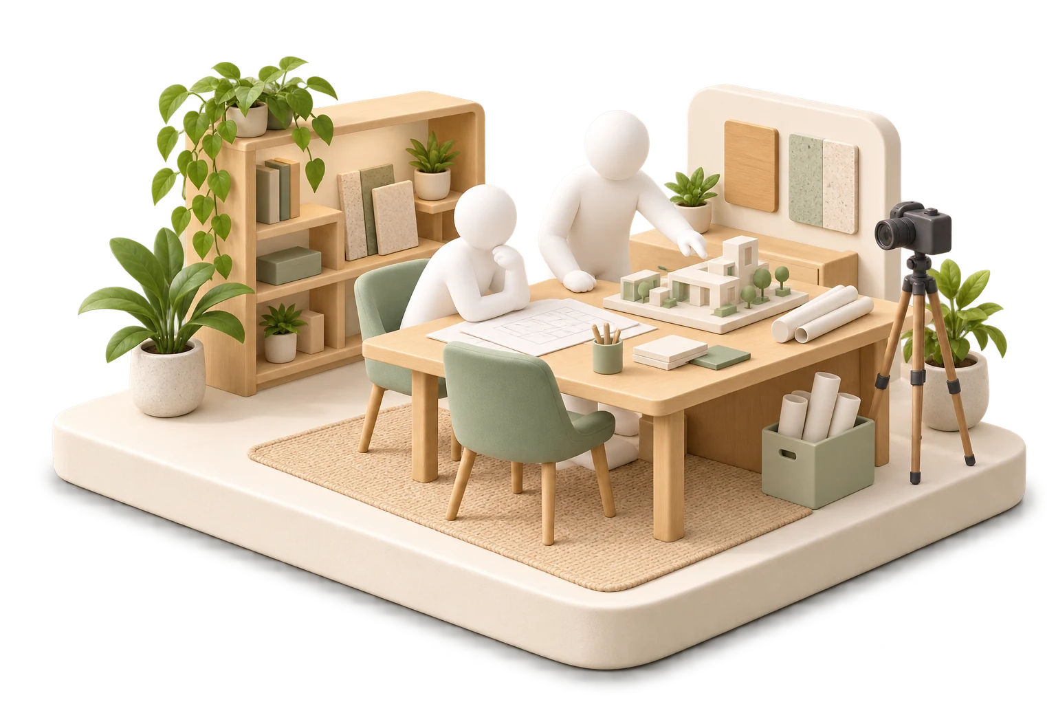 Soft 3D illustration of two creative professionals reviewing plans and a small architectural model in a studio
