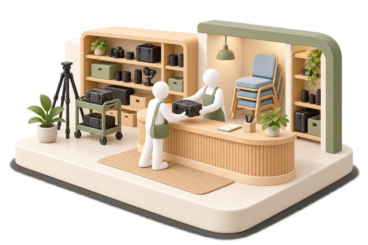 Soft 3D illustration of a rental owner handing a camera case to a customer beside neatly stored equipment