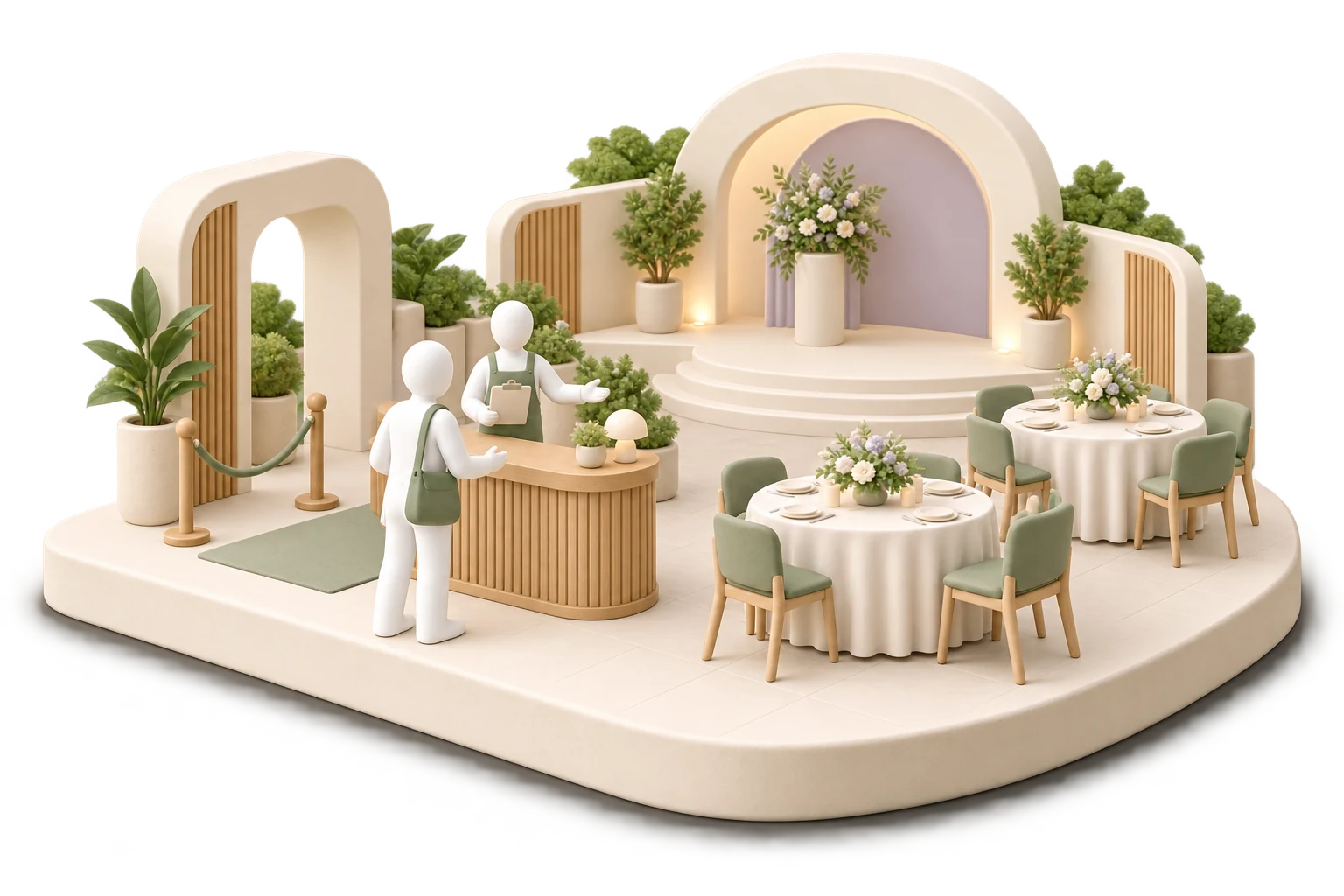 Soft 3D illustration of a venue coordinator welcoming guests beside an arched stage and arranged tables