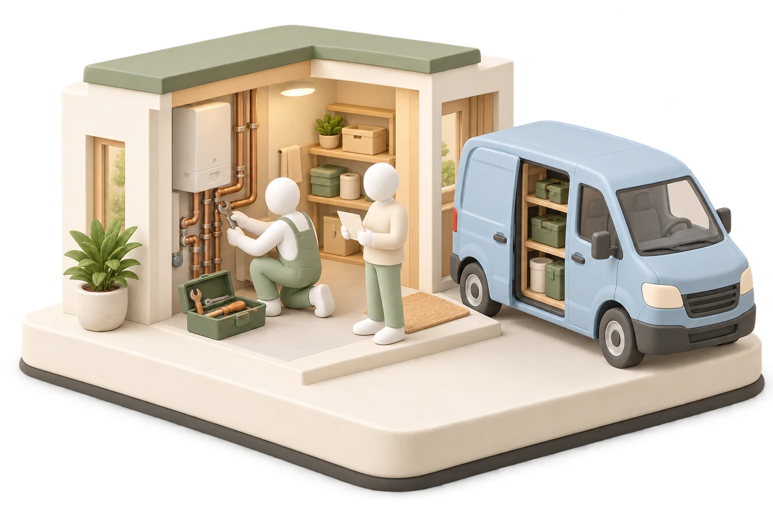 Soft 3D illustration of a technician repairing pipes beside a homeowner, toolbox, and service van