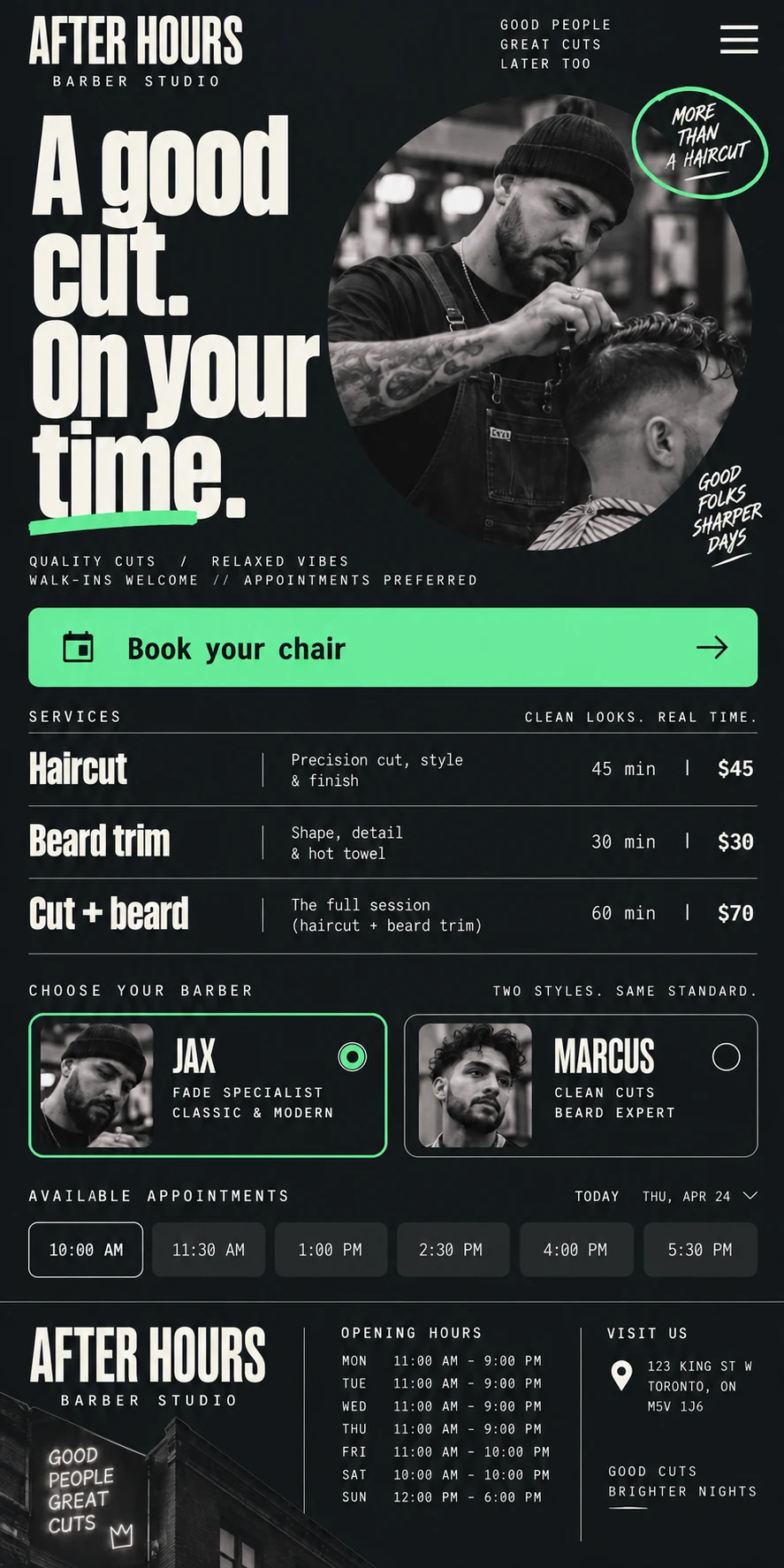 Original After Hours mobile barber website with a portrait, service prices and appointment times
