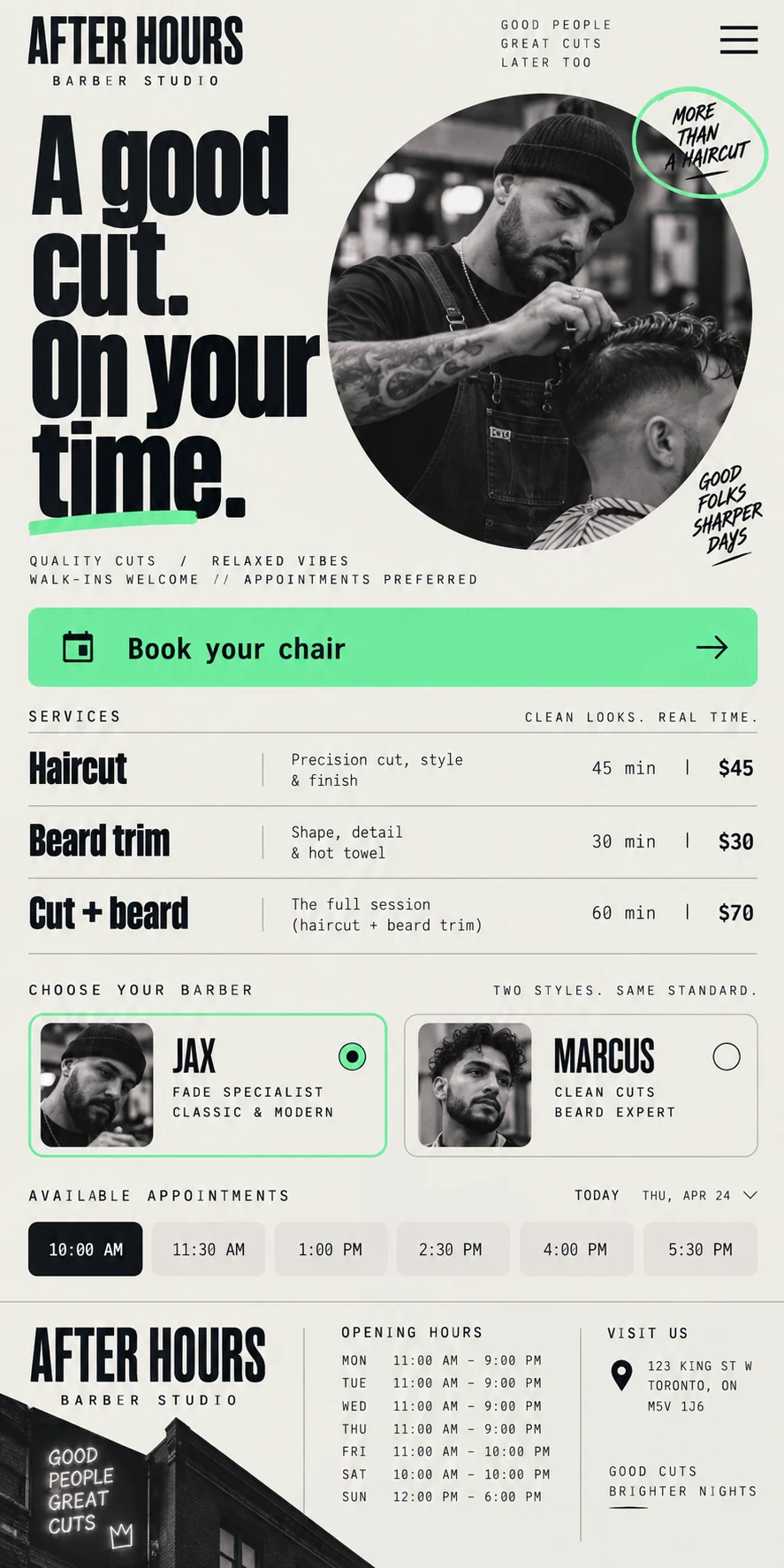 Original After Hours mobile barber website with a portrait, service prices and appointment times