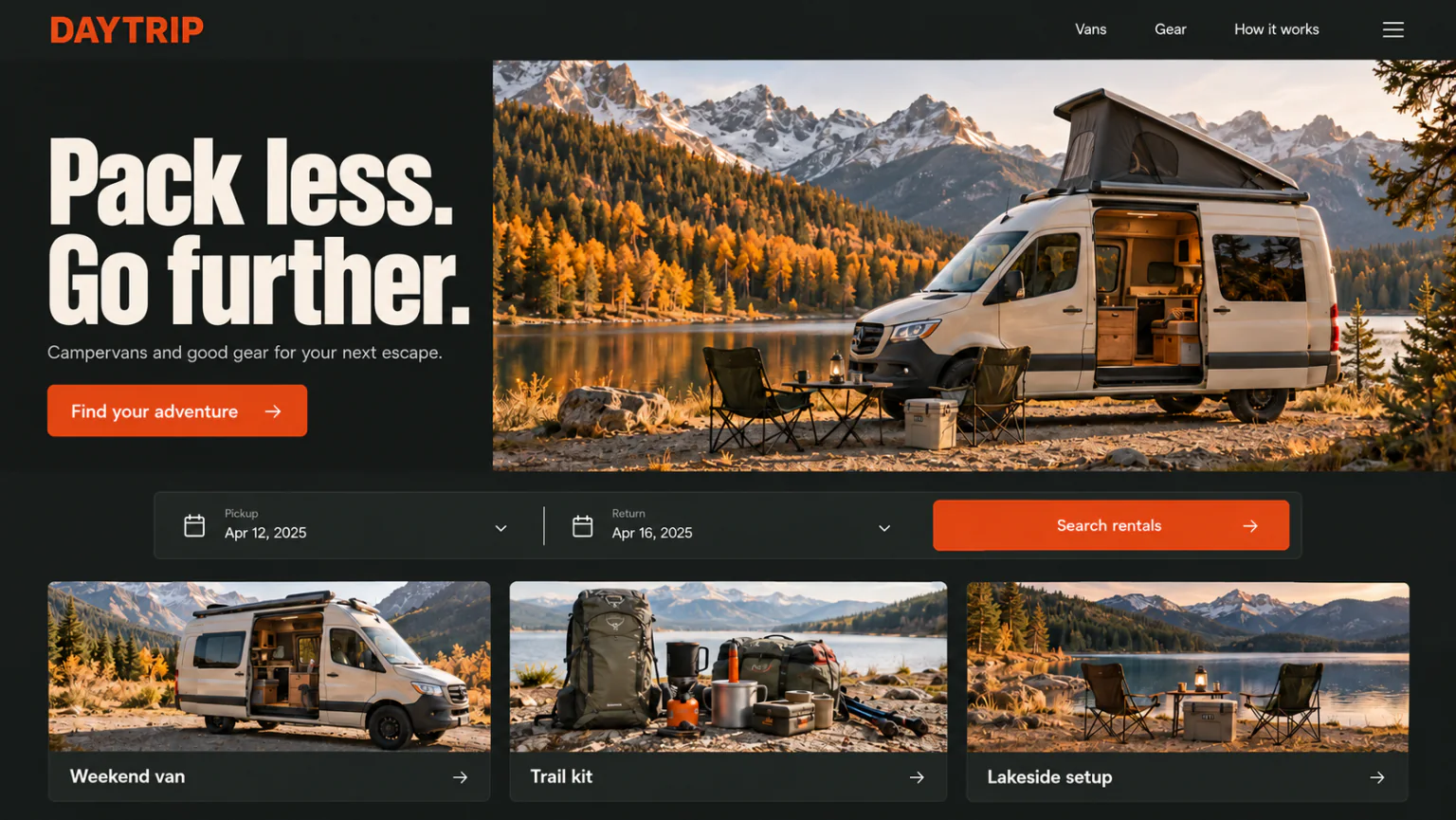 Daytrip outdoor rental website with a campervan by a mountain lake and rental listings