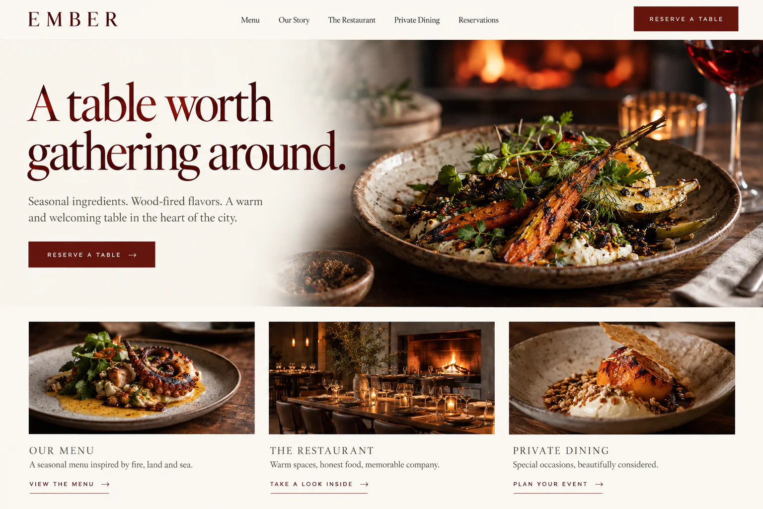 Ember restaurant website with wood-fired food photography and a table reservation button