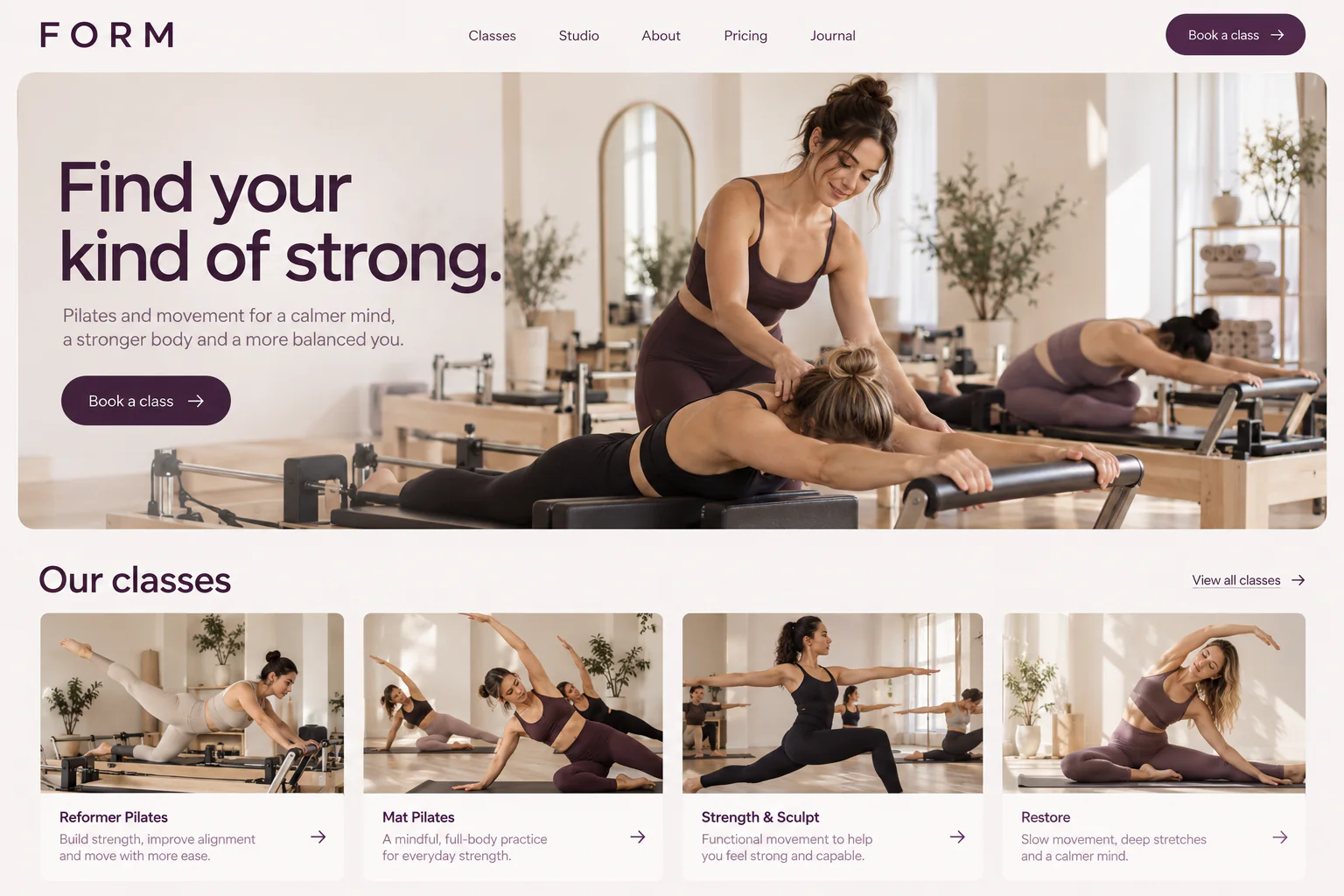 Form Pilates studio website with movement photography and bookable classes