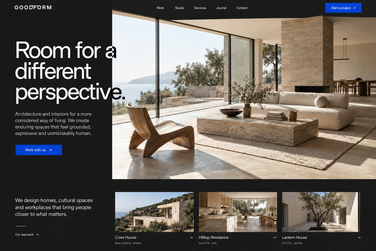Goodform architecture website with sunlit interiors and an editorial project portfolio