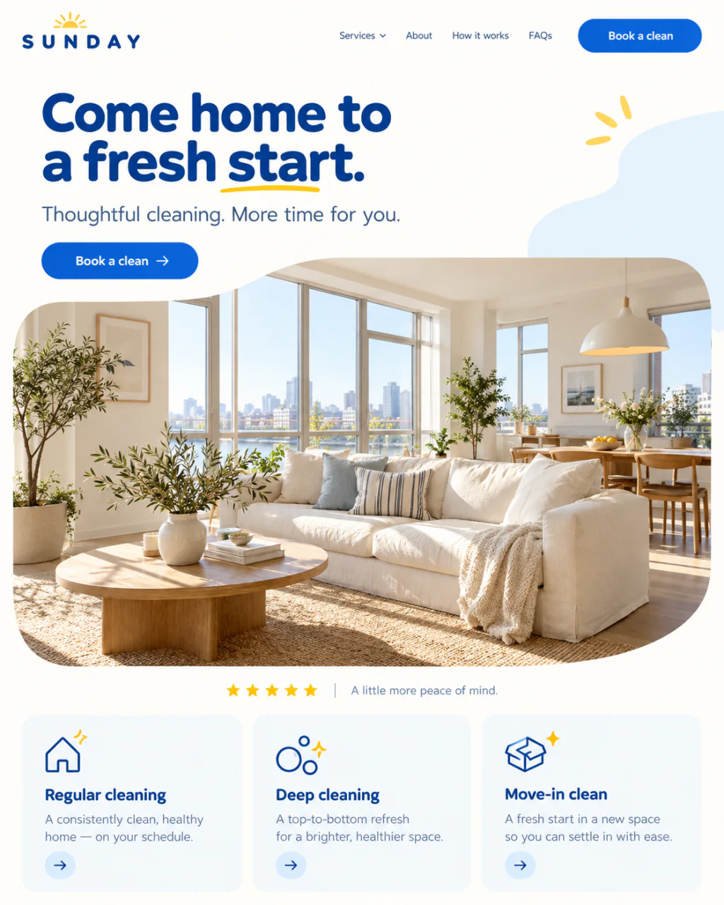 Sunday home cleaning website with a sunlit apartment, booking button, and cleaning service cards