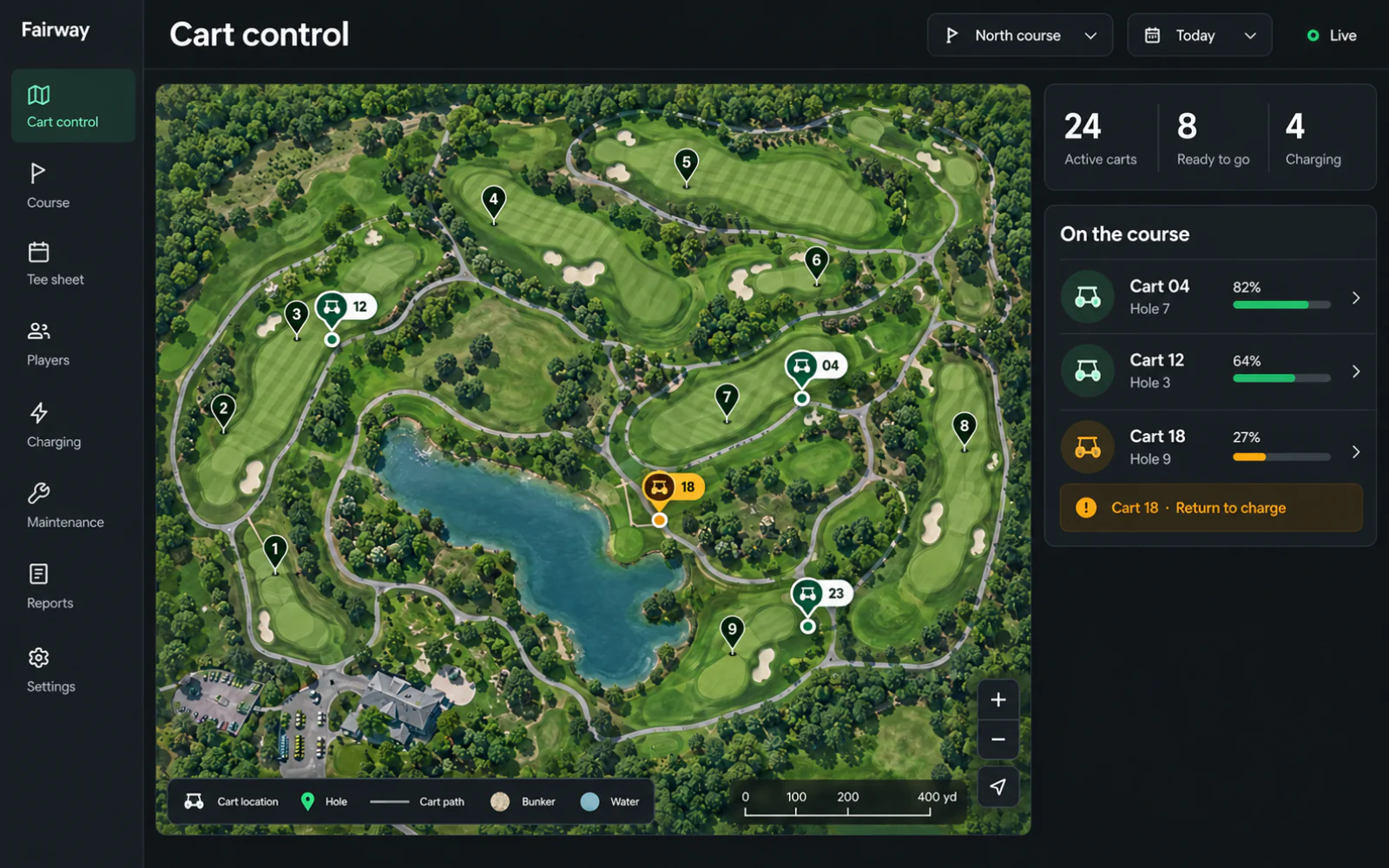 Golf-course cart tracker concept with a course map, cart locations, and battery levels in dark mode