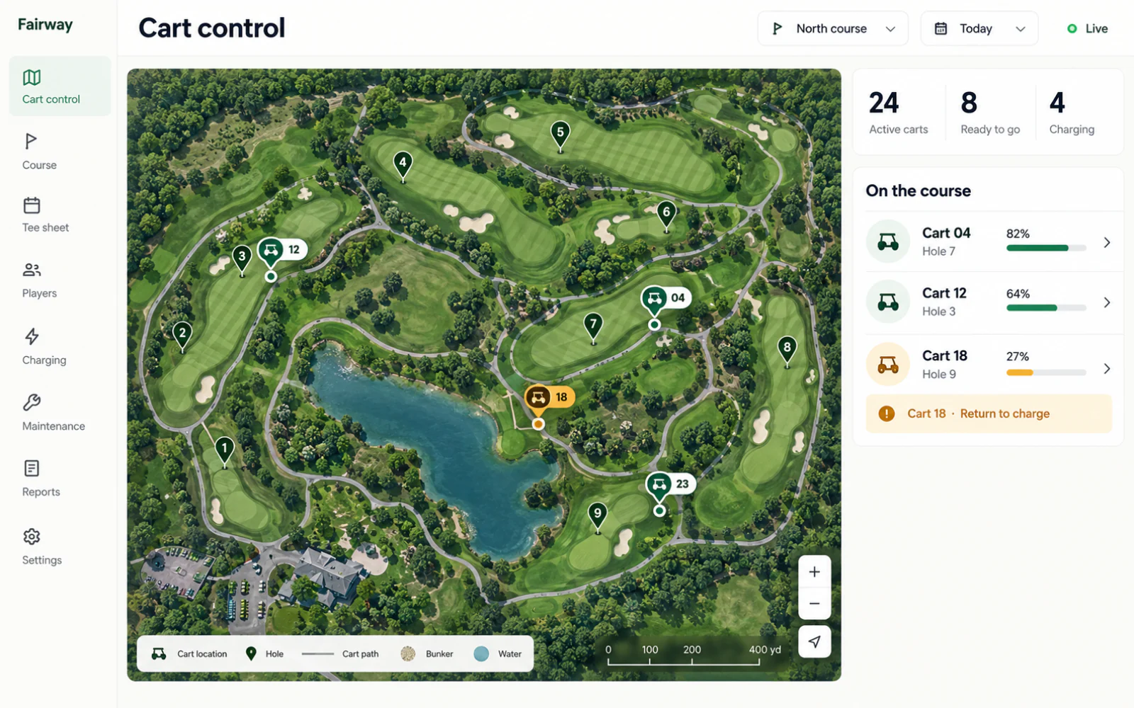 Golf-course cart tracker concept with a course map, cart locations, and battery levels in light mode