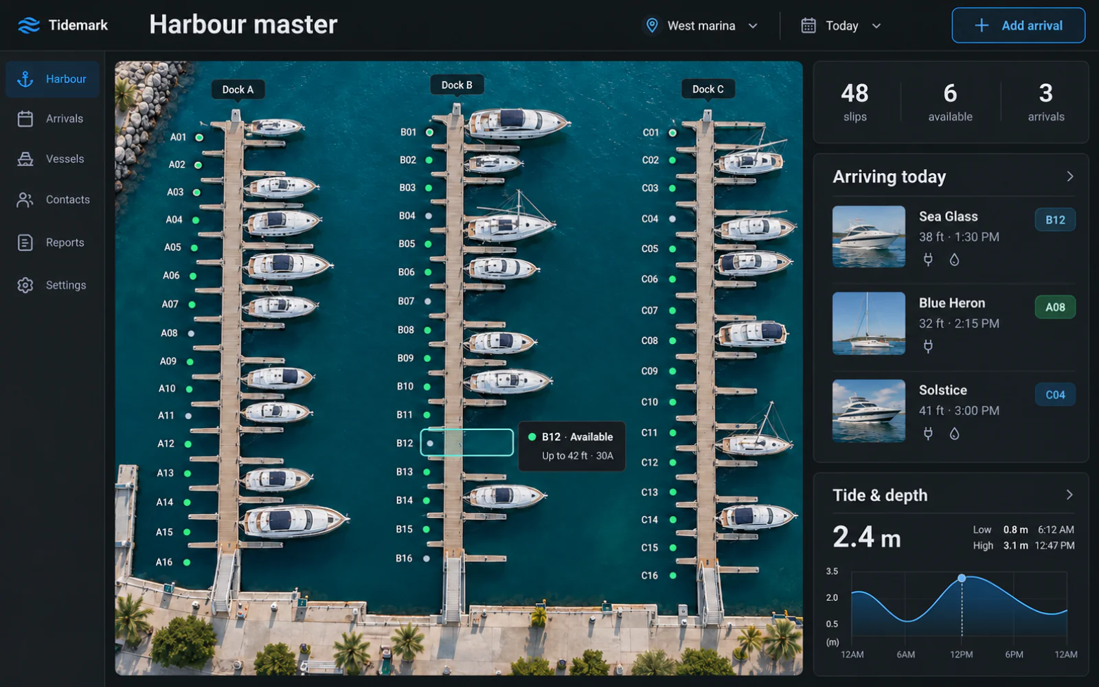 Marina slip manager concept with a harbour map, boat arrivals, and berth assignments in dark mode