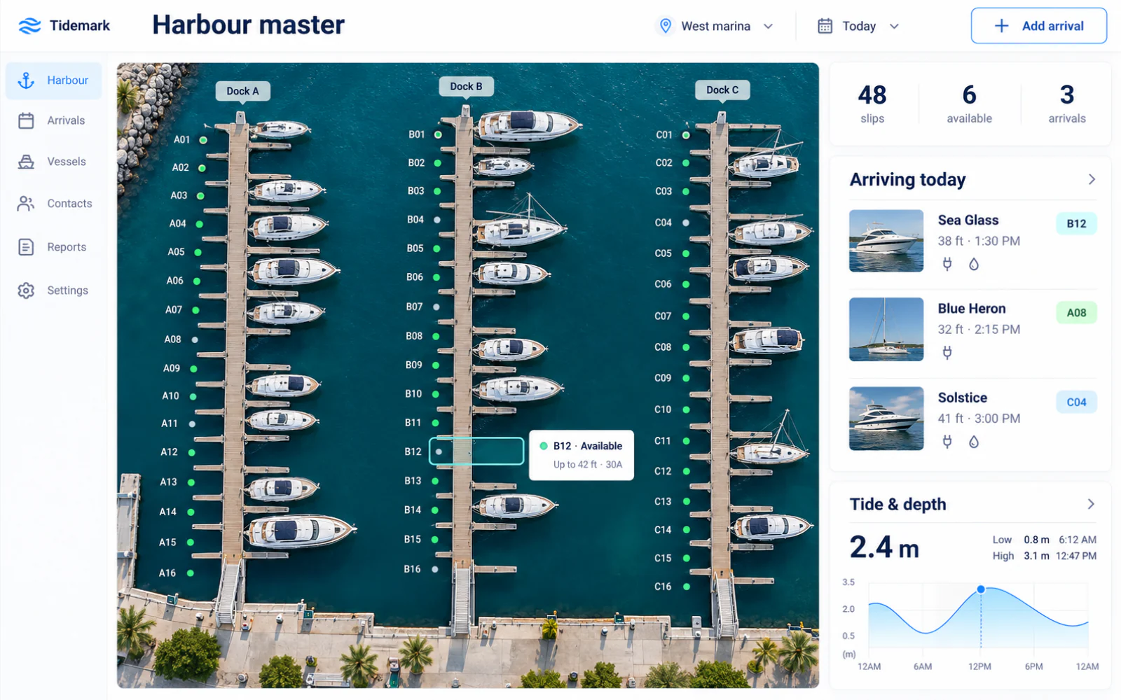 Marina slip manager concept with a harbour map, boat arrivals, and berth assignments in light mode